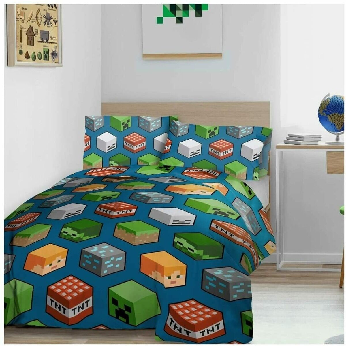 Blue-Multicoloured - Back - Minecraft Isometric Teddy Fleece Duvet Cover Set