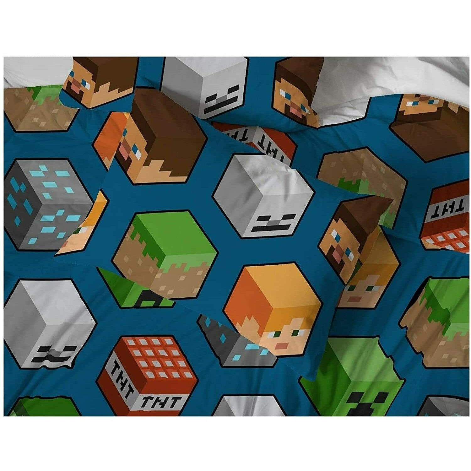Blue-Multicoloured - Side - Minecraft Isometric Teddy Fleece Duvet Cover Set