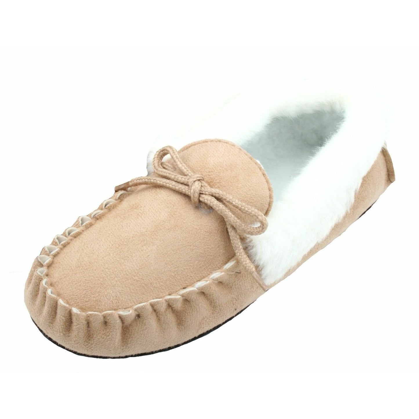 Beige - Back - Womens-Ladies Classic Slippers With Lacing Detail