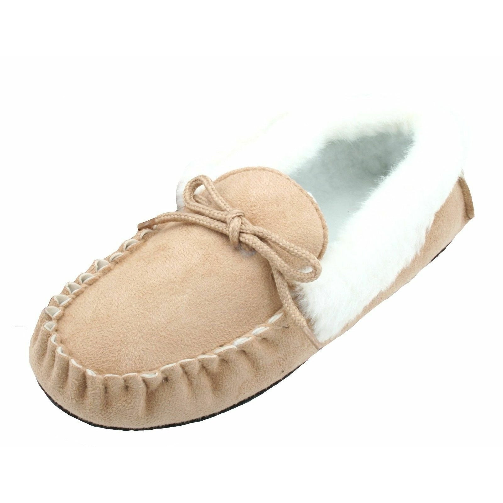 Beige - Back - Womens-Ladies Classic Slippers With Lacing Detail