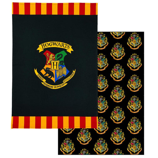 Black-Green-Yellow - Front - Harry Potter Hogwarts Tea Towel Set (Pack of 2)