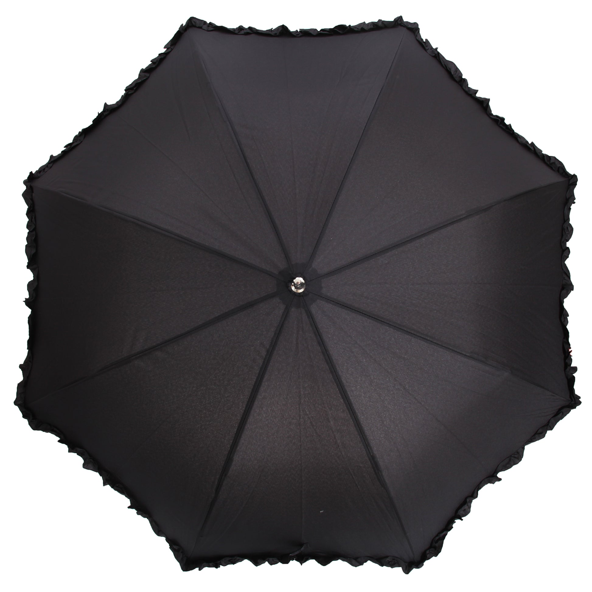 Black - Back - Womens-Ladies Black Lightweight Frilly Walking Umbrella