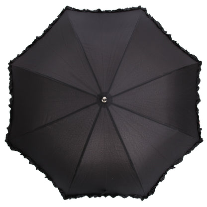 Black - Back - Womens-Ladies Black Lightweight Frilly Walking Umbrella