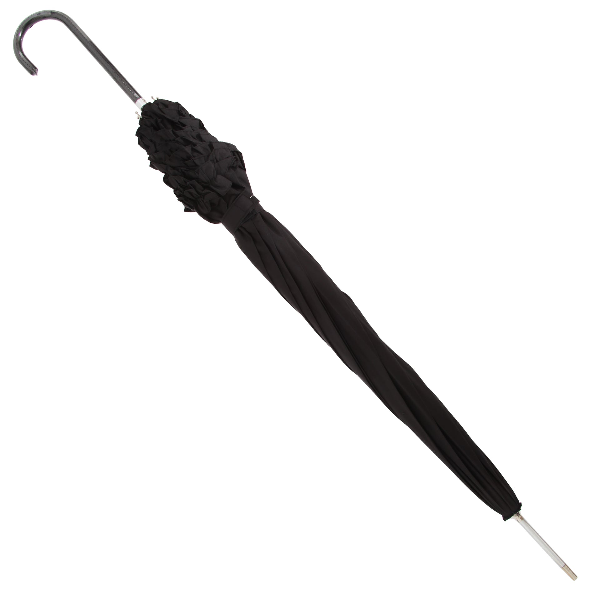 Black - Front - Womens-Ladies Black Lightweight Frilly Walking Umbrella