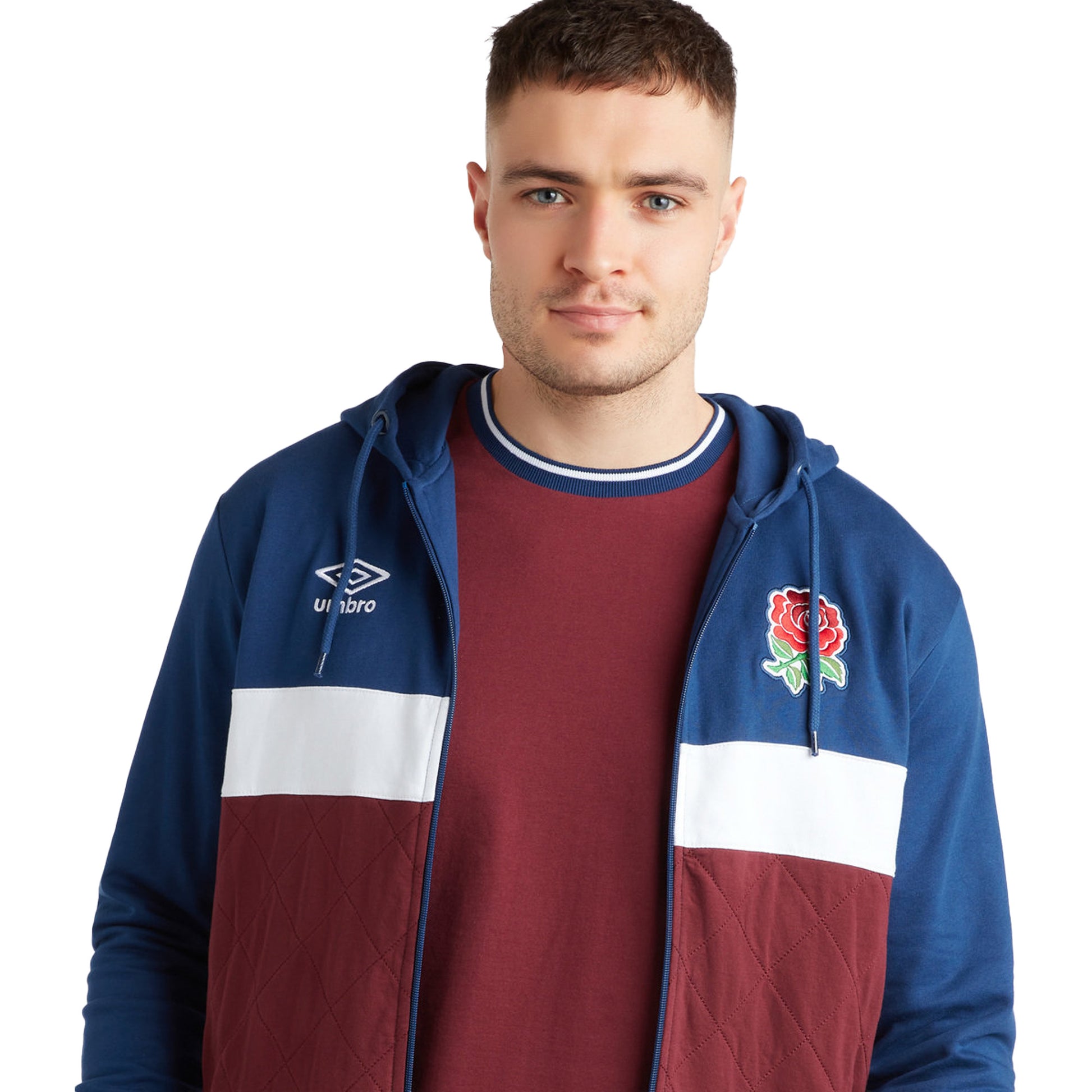 Navy-White-Merlot - Side - England Rugby Mens Umbro Classic Full Zip Hoodie