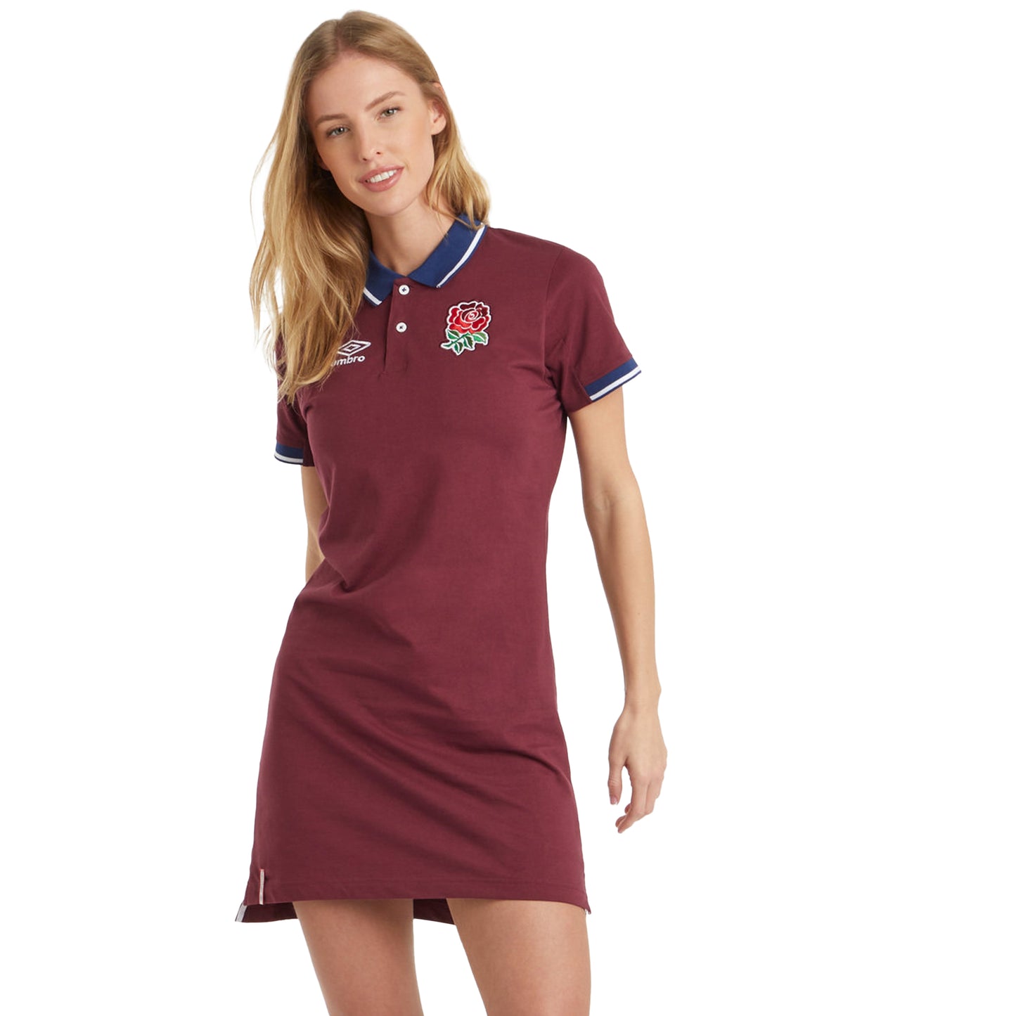 Merlot-White - Side - England Rugby Womens-Ladies Classic Umbro Polo Shirt Dress
