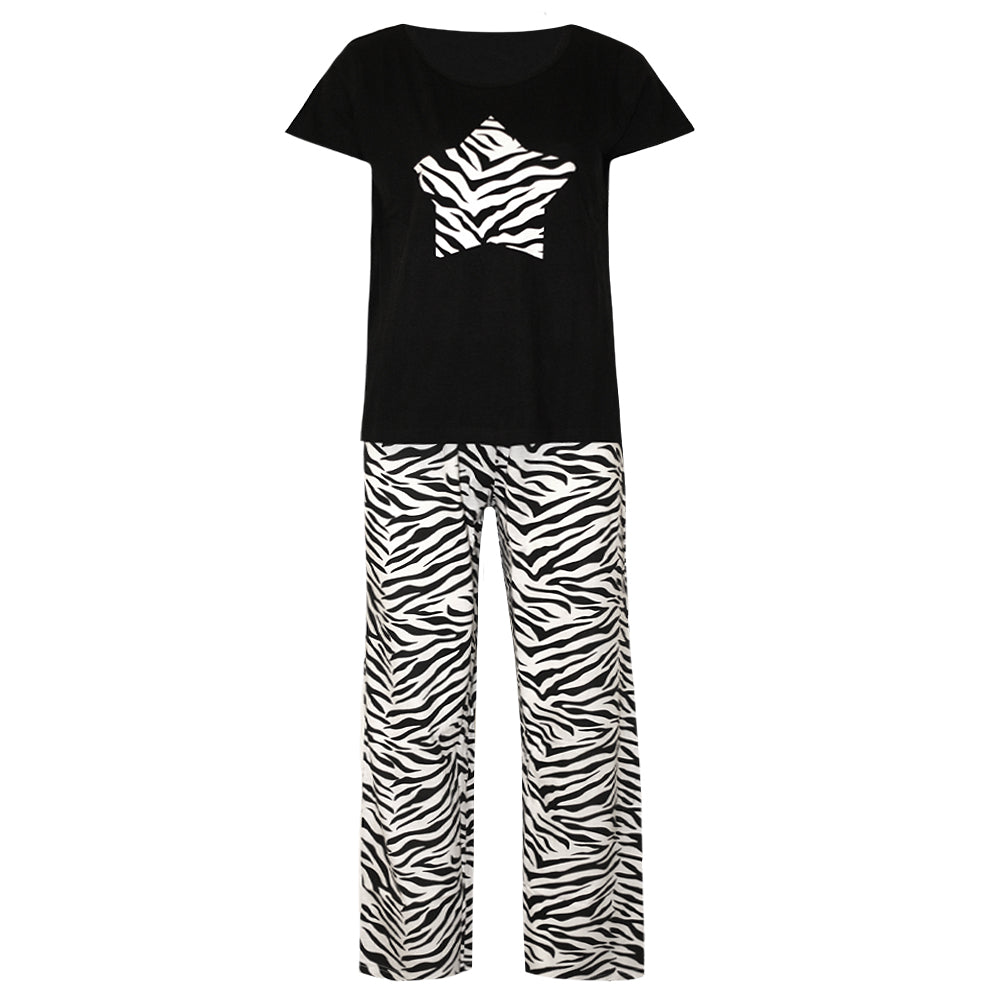 Black-White - Front - Womens-Ladies Zebra Print Pyjama Set