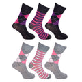 Black-Purple-Grey-Pink - Front - Cottonique Womens-Ladies Comfort Fit Argyle Socks (6 Pairs)
