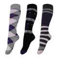 Grey-Purple-Black - Front - Womens-Ladies Patterned Wellington Boot Socks (3 Pairs)
