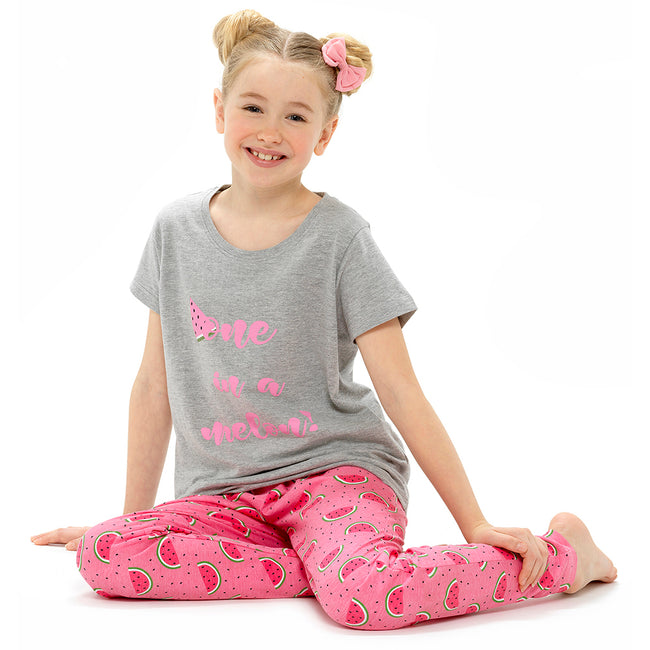 Pink-Grey - Side - Foxbury Girls Melon Print Top And Leggings Pyjama Set